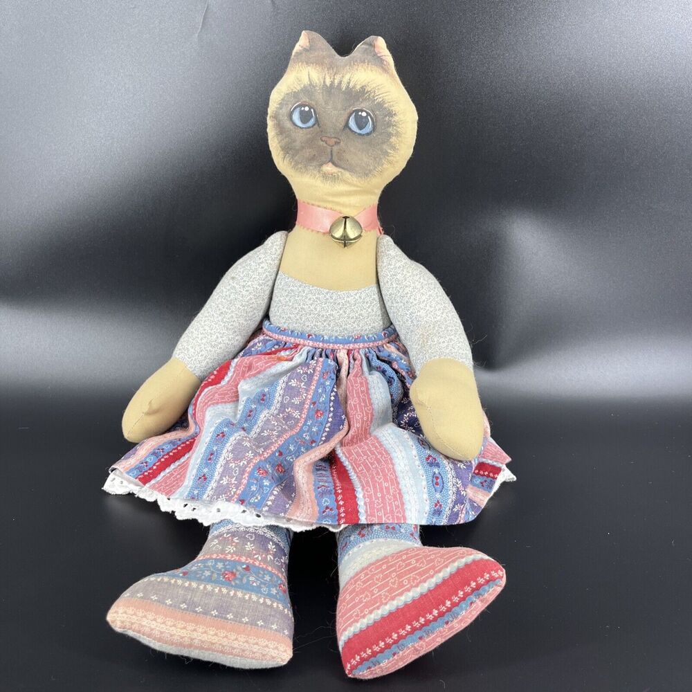 Vtg Handpainted Cat Plush Shelf Sitter Rustic Country Folk Art Jointed Button